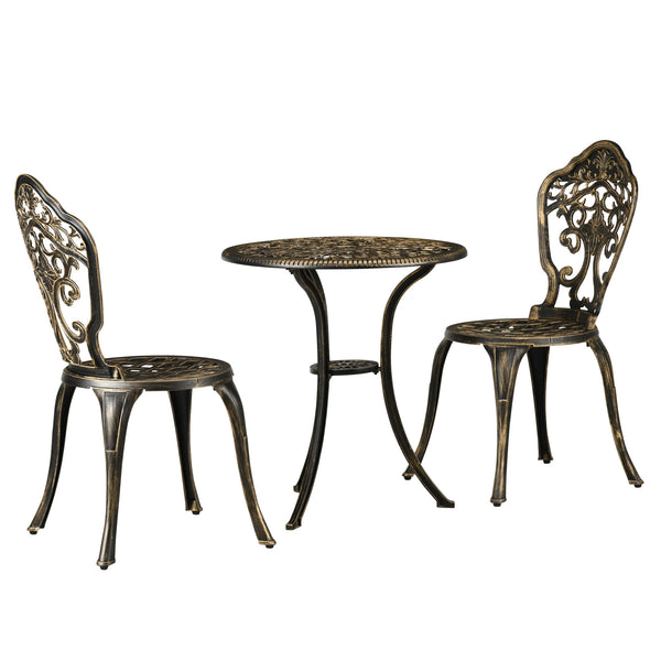 3 Piece Cast Aluminium Garden Bistro Set for 2 with Parasol Hole, Outdoor Coffee Table Set, Two Armless Chairs and Round Coffee Table for Balcony, Patio, Bronze