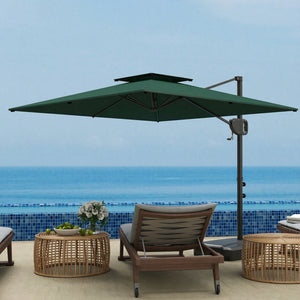 2.5m Garden Cantilever Parasol with Fillable Base, Up to 45kg, Double Top Garden Parasol, Square Overhanging Patio Umbrella with Crank Handle and Tilt for Outdoor Sun Shade, Dark Green