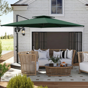 2.5m Garden Cantilever Parasol with Fillable Base, Up to 45kg, Double Top Garden Parasol, Square Overhanging Patio Umbrella with Crank Handle and Tilt for Outdoor Sun Shade, Dark Green