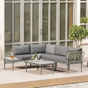 3 Piece L Shaped Rattan Garden Furniture Set, 4 Seater Wicker Outdoor Corner Sofa Set with 2 Loveseats, Wide and Deep Seating, Acacia Wood Top Coffee Table and Thick Cushions, Grey