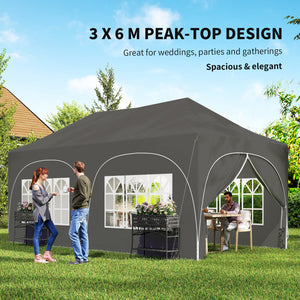 3 x 6m Pop Up Gazebo with Sides, 6 Sandbags, Peak Top Height Adjustable Outdoor Garden Party Tent Marquee Wedding Awning Canopy Instant Event Shelter with Carry Bag, Windows, Dark Grey