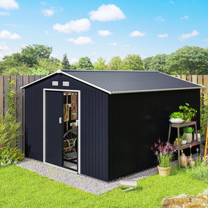 9' x 11' Garden Storage Shed with Foundation Kit, Metal Tool Storage House with Double Doors for Outdoor Patio Yard, Dark Grey