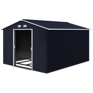 9' x 11' Garden Storage Shed with Foundation Kit, Metal Tool Storage House with Double Doors for Outdoor Patio Yard, Dark Grey