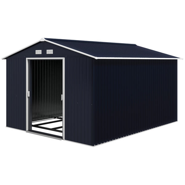 9' x 11' Garden Storage Shed with Foundation Kit, Metal Tool Storage House with Double Doors for Outdoor Patio Yard, Dark Grey