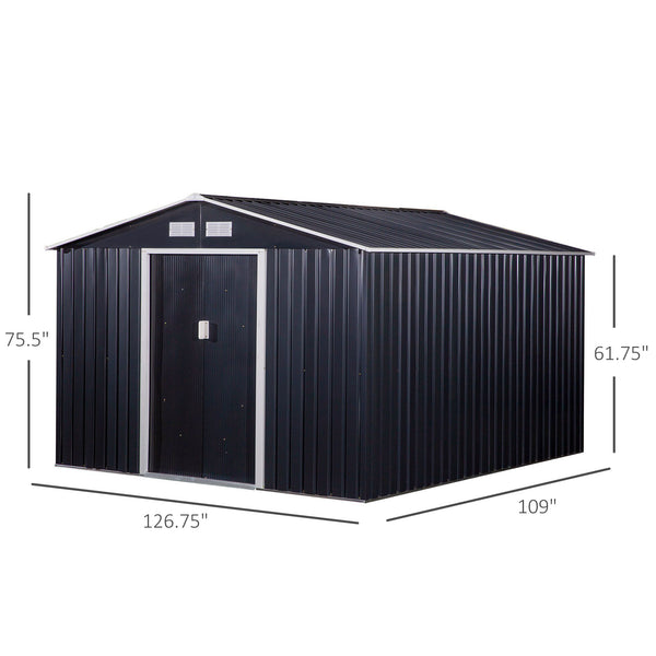 Outsunny 11' x 9' Outdoor Storage Shed, Garden Tool Metal Shed with Foundation Kit, Double Lockable Door, Air Vents and Sloping Roof, for Backyard, Patio, Lawn, Dark Gray