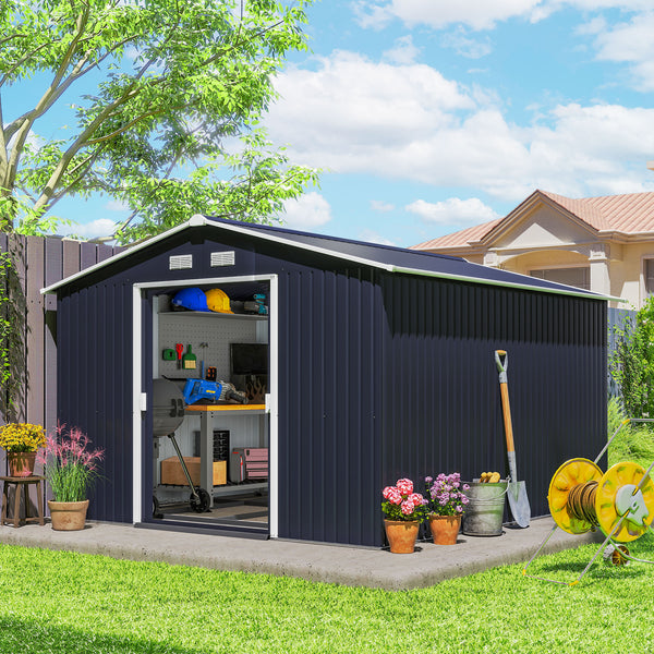 9' x 11' Garden Storage Shed with Foundation Kit, Metal Tool Storage House with Double Doors for Outdoor Patio Yard, Dark Grey