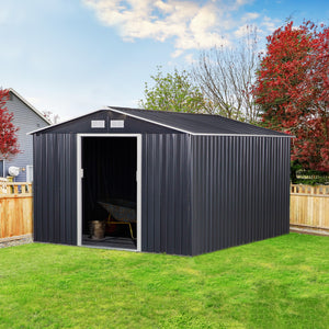 Outsunny 11' x 9' Outdoor Storage Shed, Garden Tool Metal Shed with Foundation Kit, Double Lockable Door, Air Vents and Sloping Roof, for Backyard, Patio, Lawn, Dark Gray