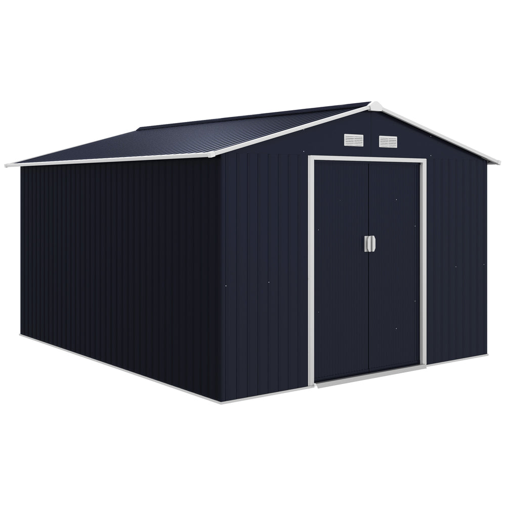 9' x 11' Garden Storage Shed with Foundation Kit, Metal Tool Storage House with Double Doors for Outdoor Patio Yard, Dark Grey