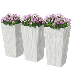 Tall Planters for Outdoor Plants Set of 3, 24 In Taper Planters with Drainage Holes, Rattan Decor Plant Pots for Indoor Outdoor Front Porch Patio Backyard, White