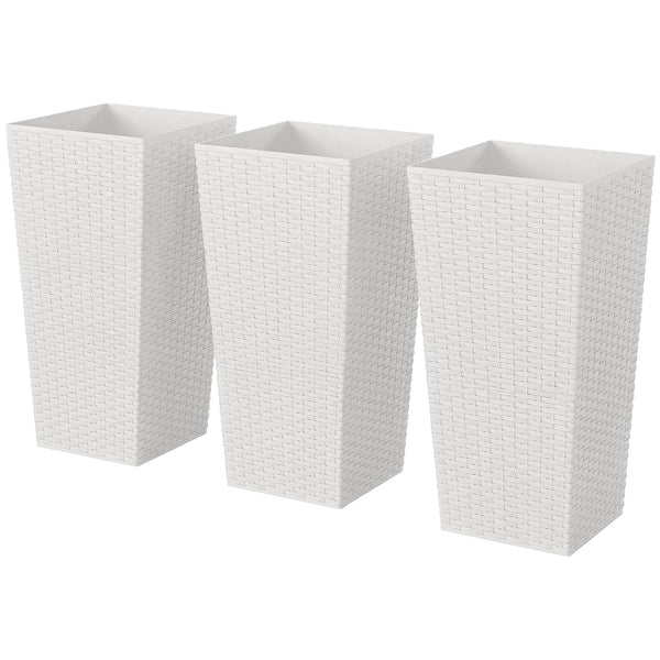 Tall Planters for Outdoor Plants Set of 3, 24 In Taper Planters with Drainage Holes, Rattan Decor Plant Pots for Indoor Outdoor Front Porch Patio Backyard, White