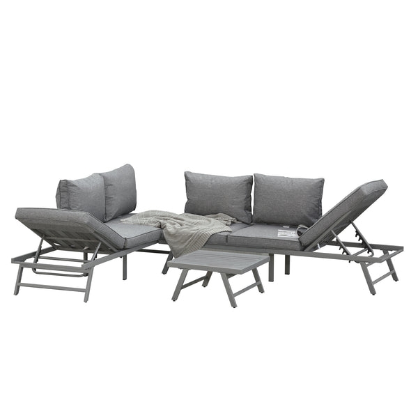 Outsunny 3 Pieces Patio Sofa Furniture Set, 2 Convertible Couch Chaise Lounge Chairs, 1 Coffee Table, Throw Pillows, Water-repellent Cushions, Grey