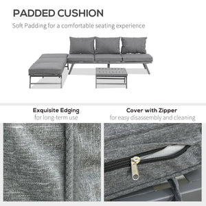 Outsunny 3 Pieces Patio Sofa Furniture Set, 2 Convertible Couch Chaise Lounge Chairs, 1 Coffee Table, Throw Pillows, Water-repellent Cushions, Grey