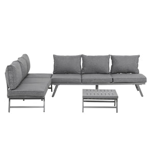 Outsunny 3 Pieces Patio Sofa Furniture Set, 2 Convertible Couch Chaise Lounge Chairs, 1 Coffee Table, Throw Pillows, Water-repellent Cushions, Grey