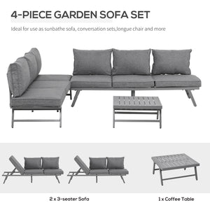 Outsunny 3 Pieces Patio Sofa Furniture Set, 2 Convertible Couch Chaise Lounge Chairs, 1 Coffee Table, Throw Pillows, Water-repellent Cushions, Grey