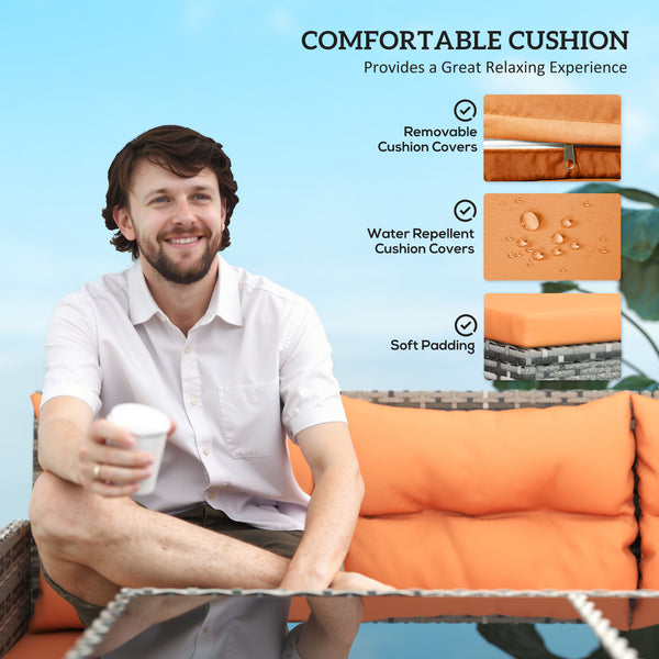 6 Pieces Rattan Garden Furniture Set, 8-Seater Garden Corner Sofa Set with 3 Loveseats, Glass Top Table, Footstools, Outdoor Conservatory Furniture with Cushions for Patio, Orange