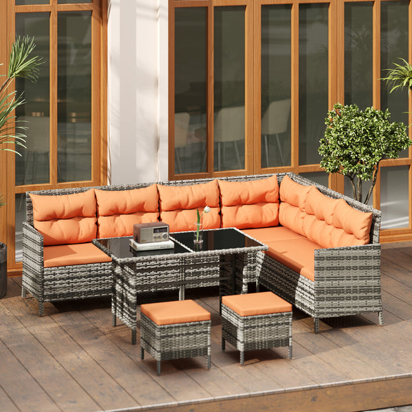 6 Pieces Rattan Garden Furniture Set, 8-Seater Garden Corner Sofa Set with 3 Loveseats, Glass Top Table, Footstools, Outdoor Conservatory Furniture with Cushions for Patio, Orange
