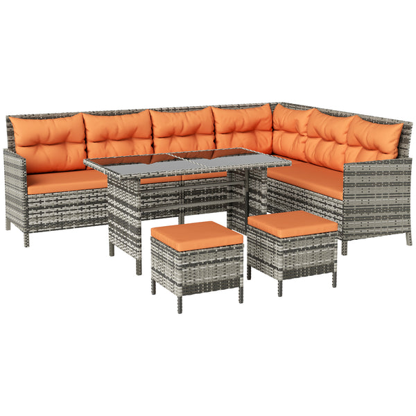 6 Pieces Rattan Garden Furniture Set, 8-Seater Garden Corner Sofa Set with 3 Loveseats, Glass Top Table, Footstools, Outdoor Conservatory Furniture with Cushions for Patio, Orange