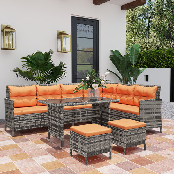 6 Pieces Rattan Garden Furniture Set, 8-Seater Garden Corner Sofa Set with 3 Loveseats, Glass Top Table, Footstools, Outdoor Conservatory Furniture with Cushions for Patio, Orange