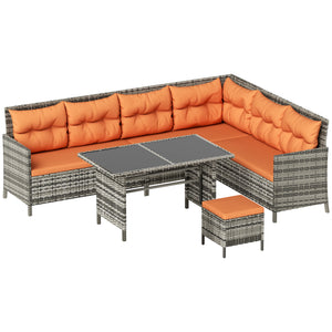 6 Pieces Rattan Garden Furniture Set, 8-Seater Garden Corner Sofa Set with 3 Loveseats, Glass Top Table, Footstools, Outdoor Conservatory Furniture with Cushions for Patio, Orange
