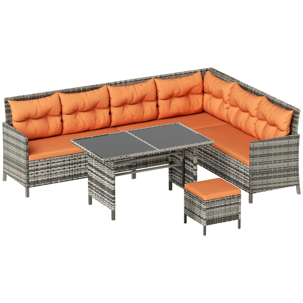 6 Pieces Rattan Garden Furniture Set, 8-Seater Garden Corner Sofa Set with 3 Loveseats, Glass Top Table, Footstools, Outdoor Conservatory Furniture with Cushions for Patio, Orange