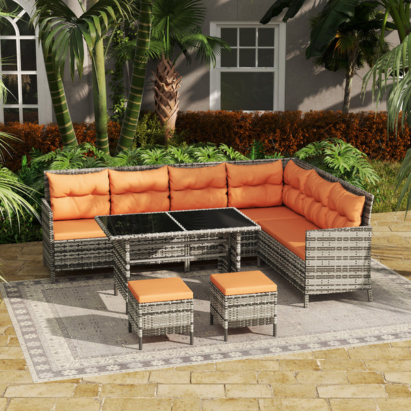 6 Pieces Rattan Garden Furniture Set, 8-Seater Garden Corner Sofa Set with 3 Loveseats, Glass Top Table, Footstools, Outdoor Conservatory Furniture with Cushions for Patio, Orange