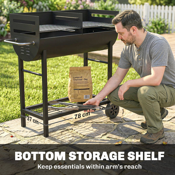Charcoal Barbecue Grill with 2 Cooking Areas, Portable BBQ Trolley with Wheels, Height Adjustable Grates, Side Handle, Bottom Shelf, Metal Outdoor Cooker for Garden Camping, Picnic, Party