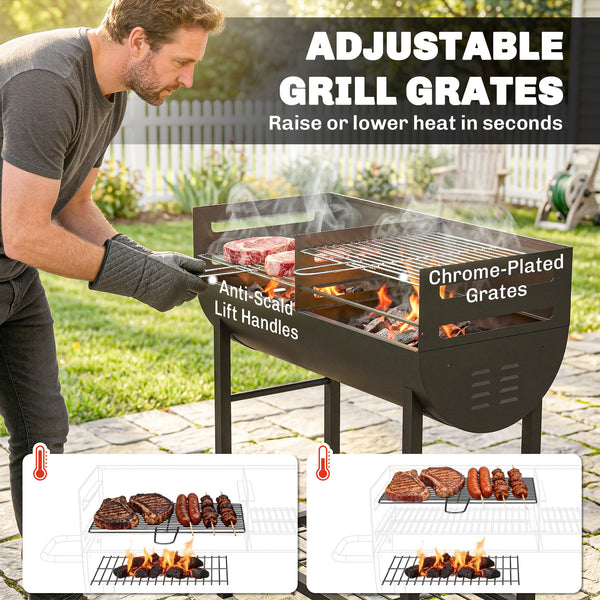 Charcoal Barbecue Grill with 2 Cooking Areas, Portable BBQ Trolley with Wheels, Height Adjustable Grates, Side Handle, Bottom Shelf, Metal Outdoor Cooker for Garden Camping, Picnic, Party
