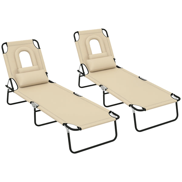 2PCS Adjustable Outdoor Lounge Chair, Garden Folding Chaise Lounge with Face Hole Reclining Tanning Chair Seat, Folding Camping Beach Lounging Bed w/ Head Support, Beige