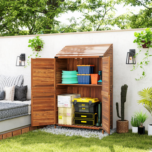 Lean to Wooden Garden Shed, Garden Tool Storage Shed with Double Doors and Shelves, Outdoor Storage Cabinet for Patio Garden, Mixed-Brown