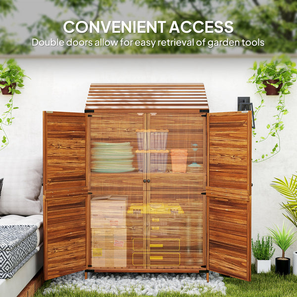 Lean to Wooden Garden Shed, Garden Tool Storage Shed with Double Doors and Shelves, Outdoor Storage Cabinet for Patio Garden, Mixed-Brown