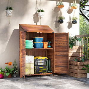 Lean to Wooden Garden Shed, Garden Tool Storage Shed with Double Doors and Shelves, Outdoor Storage Cabinet for Patio Garden, Mixed-Brown