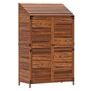 Lean to Wooden Garden Shed, Garden Tool Storage Shed with Double Doors and Shelves, Outdoor Storage Cabinet for Patio Garden, Mixed-Brown