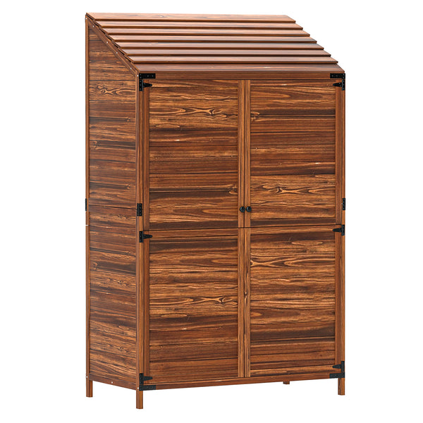 Lean to Wooden Garden Shed, Garden Tool Storage Shed with Double Doors and Shelves, Outdoor Storage Cabinet for Patio Garden, Mixed-Brown