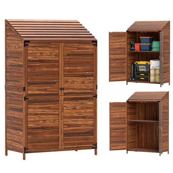 Lean to Wooden Garden Shed, Garden Tool Storage Shed with Double Doors and Shelves, Outdoor Storage Cabinet for Patio Garden, Mixed-Brown