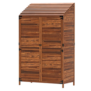 Lean to Wooden Garden Shed, Garden Tool Storage Shed with Double Doors and Shelves, Outdoor Storage Cabinet for Patio Garden, Mixed-Brown