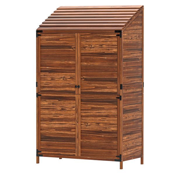 Lean to Wooden Garden Shed, Garden Tool Storage Shed with Double Doors and Shelves, Outdoor Storage Cabinet for Patio Garden, Mixed-Brown