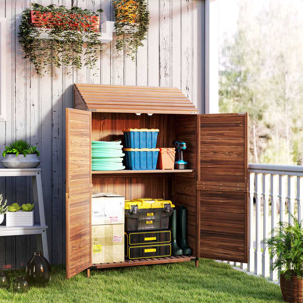 Lean to Wooden Garden Shed, Garden Tool Storage Shed with Double Doors and Shelves, Outdoor Storage Cabinet for Patio Garden, Mixed-Brown