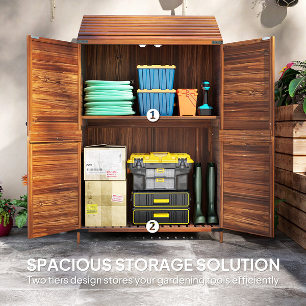 Lean to Wooden Garden Shed, Garden Tool Storage Shed with Double Doors and Shelves, Outdoor Storage Cabinet for Patio Garden, Mixed-Brown