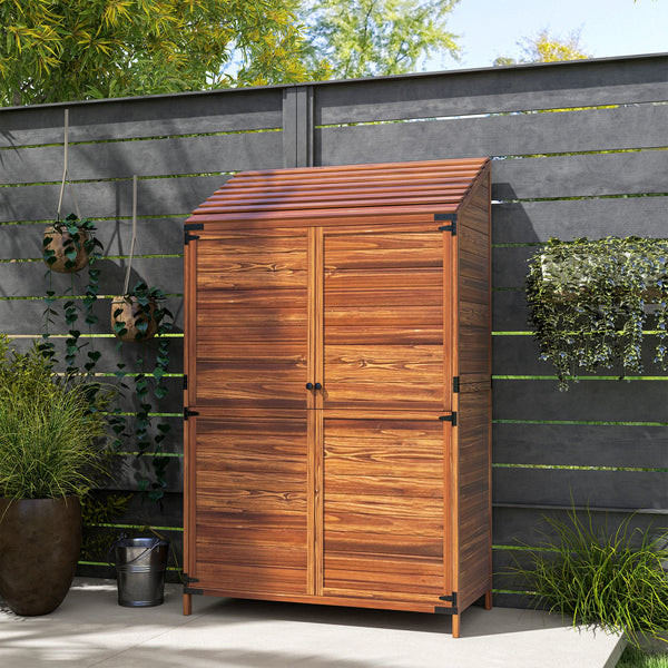 Lean to Wooden Garden Shed, Garden Tool Storage Shed with Double Doors and Shelves, Outdoor Storage Cabinet for Patio Garden, Mixed-Brown