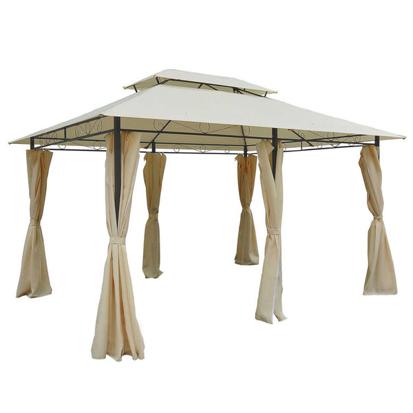 4m x 3(m)Garden Gazebo, Double Roof Outdoor Gazebo Canopy Shelter with Curtains, Solid Steel Frame for Lawn and Deck, Beige