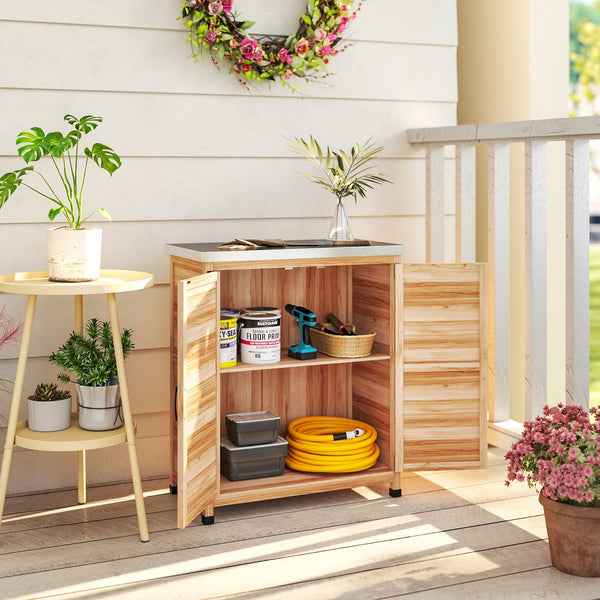 Garden Storage Cabinet, Outdoor Potting Bench Table with Metal Tabletop and Shelf, Wooden Tool Shed with Double Doors, Natural
