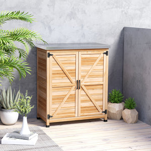 Garden Storage Cabinet, Outdoor Potting Bench Table with Metal Tabletop and Shelf, Wooden Tool Shed with Double Doors, Natural