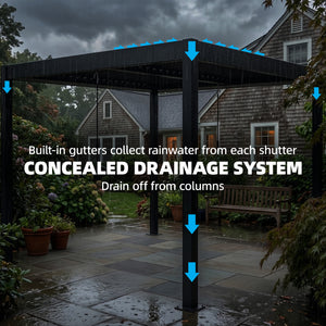 3 x 3 m Louvered Pergola with LED Lights, Adjustable Metal Louvred Roof, Aluminium Patio Gazebo Pergola Canopy with Drainage Gutters, Handles, Remote for Garden Outdoor, Dark Grey
