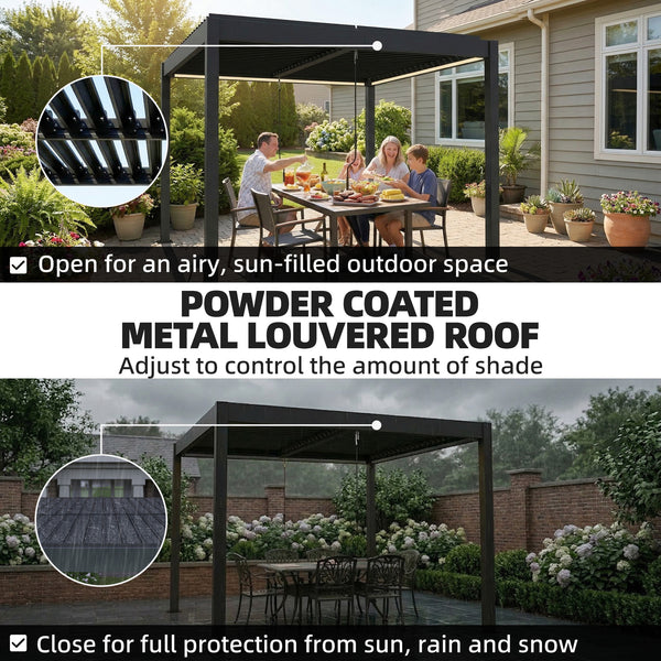 3 x 3 m Louvered Pergola with LED Lights, Adjustable Metal Louvred Roof, Aluminium Patio Gazebo Pergola Canopy with Drainage Gutters, Handles, Remote for Garden Outdoor, Dark Grey
