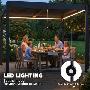 3 x 3 m Louvered Pergola with LED Lights, Adjustable Metal Louvred Roof, Aluminium Patio Gazebo Pergola Canopy with Drainage Gutters, Handles, Remote for Garden Outdoor, Dark Grey