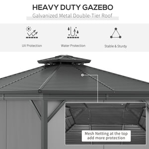 Outsunny 10' x 10' Hardtop Gazebo with Curtains and Netting, Permanent Pavilion Metal Double Roof Gazebo Canopy with Aluminum Frame and Hooks, for Garden, Patio, Backyard, Gray