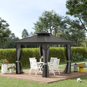 Outsunny 10' x 10' Hardtop Gazebo with Curtains and Netting, Permanent Pavilion Metal Double Roof Gazebo Canopy with Aluminum Frame and Hooks, for Garden, Patio, Backyard, Gray