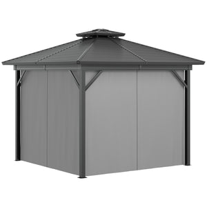 Outsunny 10' x 10' Hardtop Gazebo with Curtains and Netting, Permanent Pavilion Metal Double Roof Gazebo Canopy with Aluminum Frame and Hooks, for Garden, Patio, Backyard, Gray