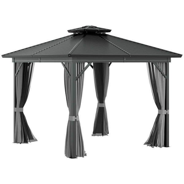 Outsunny 10' x 10' Hardtop Gazebo with Curtains and Netting, Permanent Pavilion Metal Double Roof Gazebo Canopy with Aluminum Frame and Hooks, for Garden, Patio, Backyard, Gray