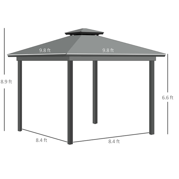 Outsunny 10' x 10' Hardtop Gazebo with Curtains and Netting, Permanent Pavilion Metal Double Roof Gazebo Canopy with Aluminum Frame and Hooks, for Garden, Patio, Backyard, Gray